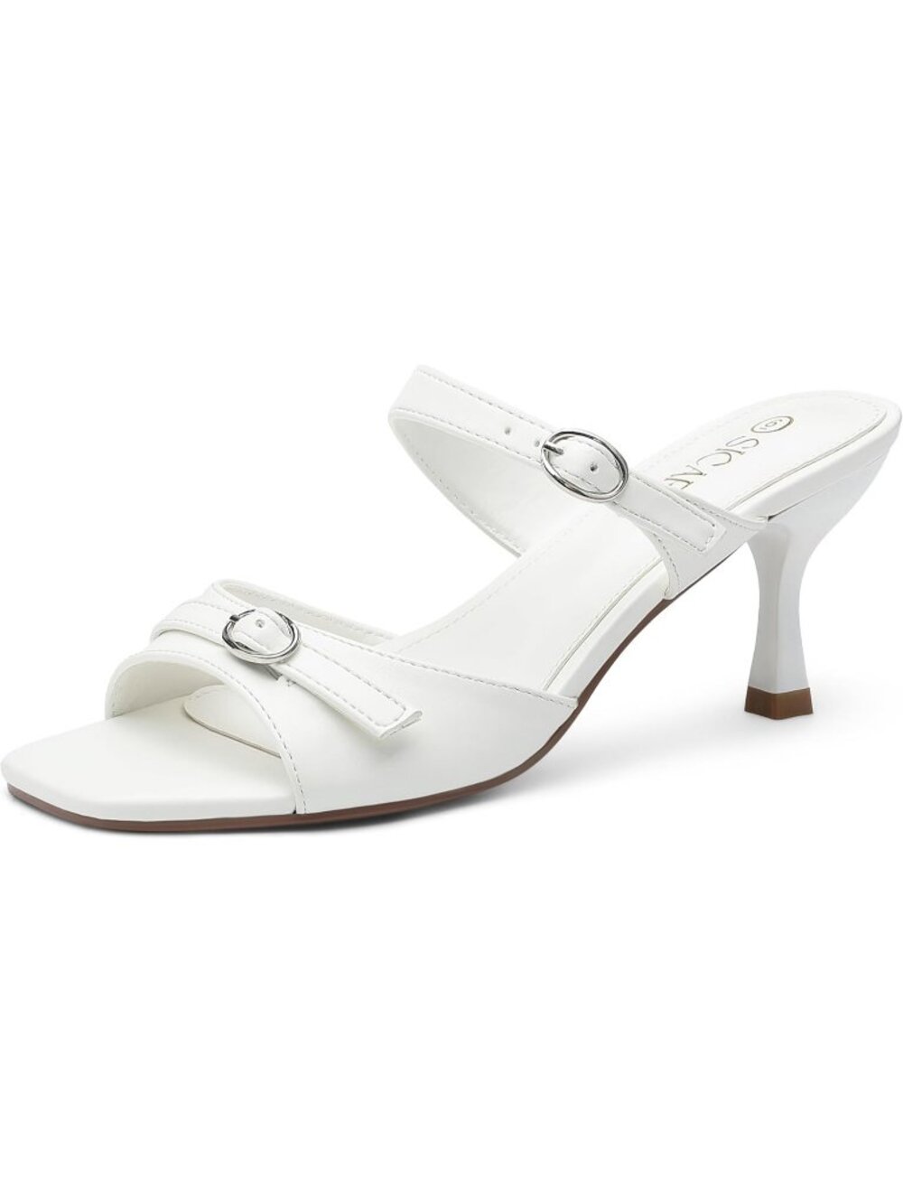 Women's White Square Open Toe Low Kitten Heel Buckle Strap Casual Comfort Sandal
